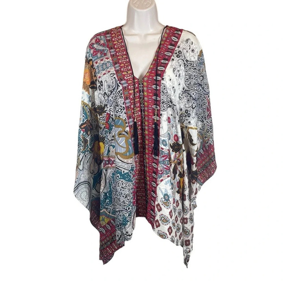 Chicos Bordered Floral Poncho modal silk blend Sm/Medium - Picture 1 of 10